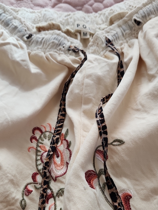 POL Pants - New Wo Tags Embroidered Cream Drawstring Pants with Leopard Trim